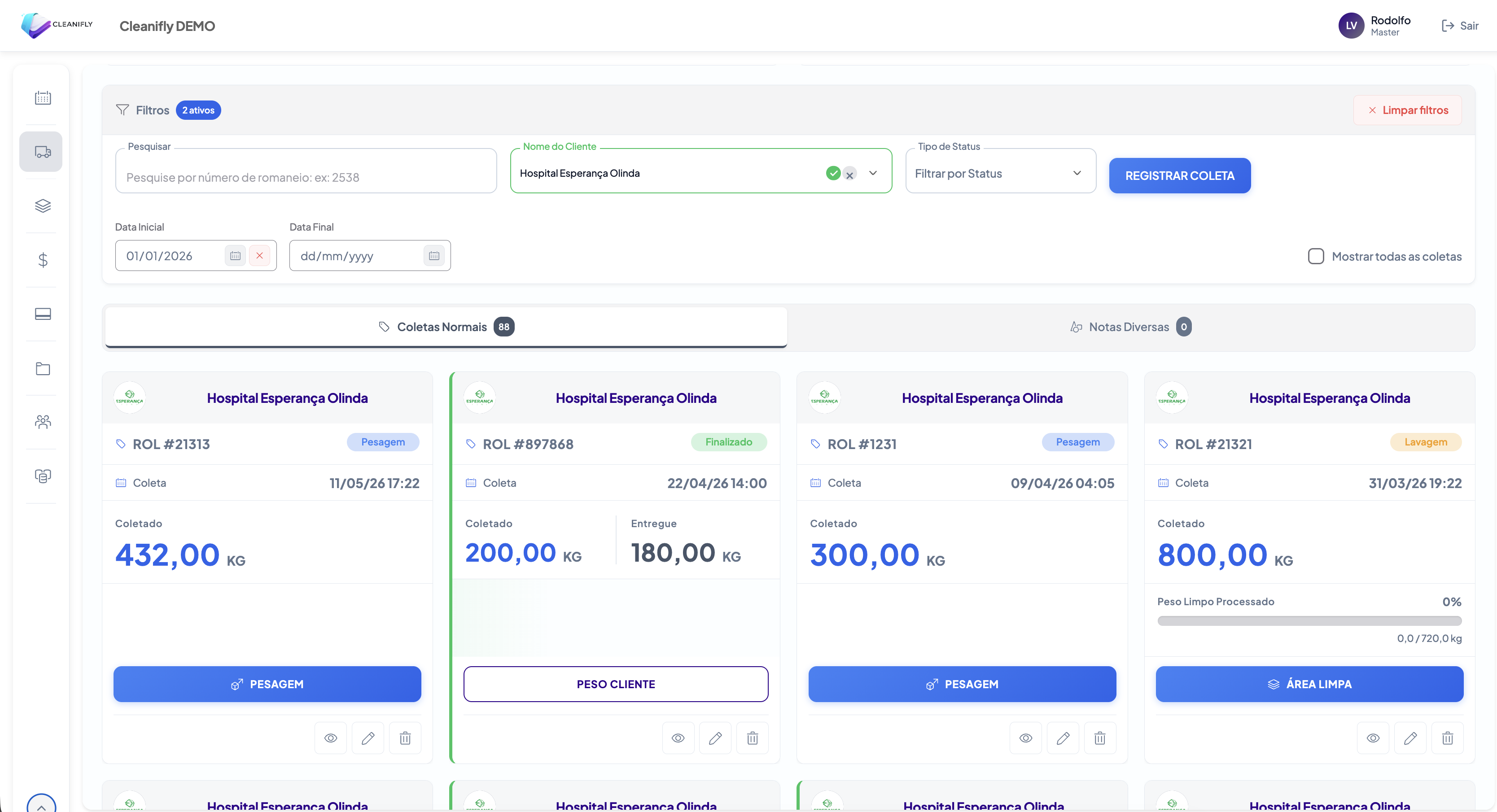 Listagem de histórico de coletas no Cleanifly — busca, filtros e coleta expandida com timeline