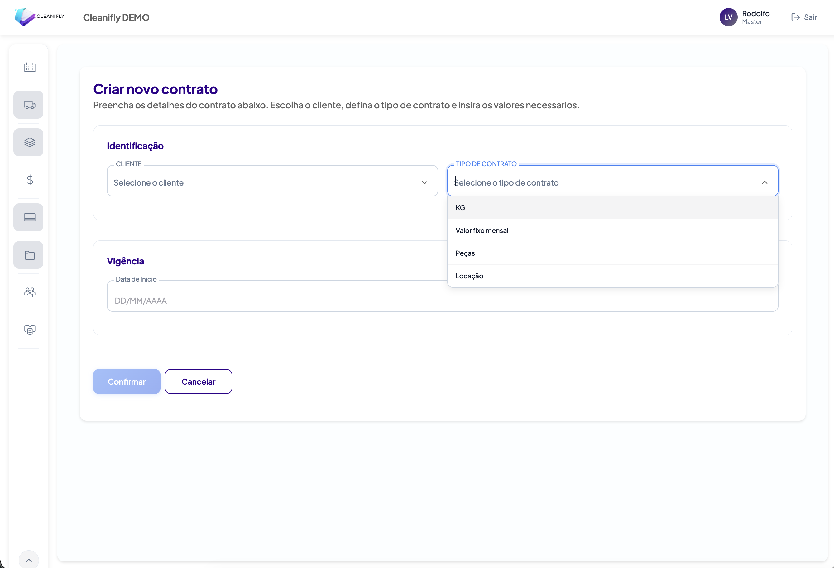 Cadastro de contrato no Cleanifly — sujidade configurada por cliente com histórico de mudanças